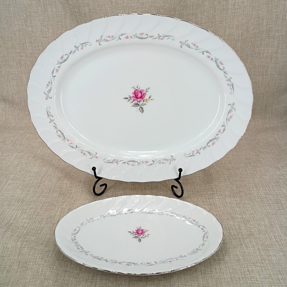 Royal Swirl Fine China 14.5" 9.5" Oval Serving Platters Set of 2 Pink Rose